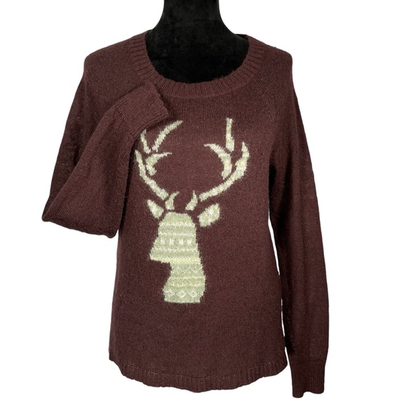 Woolrich Wool Deer Sweater Women's Brown Crew Neck Long Sleeve Winter Pullover - Picture 1 of 13